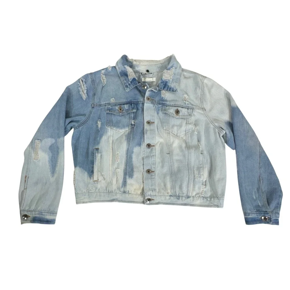 Ci Sono Denim Trucker Jean Jacket 2X Distressed‎ Bleached Holes Grunge Punk READ